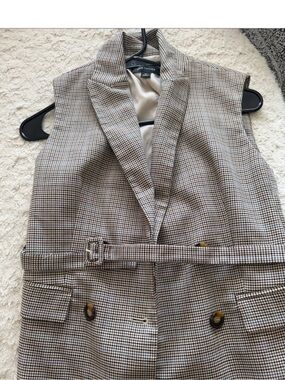 Ann Taylor Houndstooth Sleeveless Belted Blazer Vest - Beige/Brown